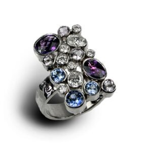 Cluster Bubble Multi Gemstone Ring | 925 Sterling Silver | Amethyst Iolite Tanzanite Peridot