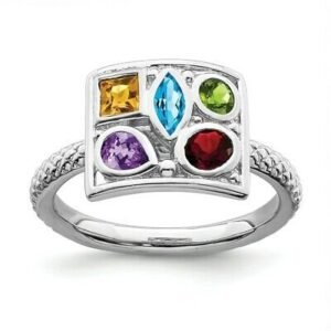 Multi Gemstone Band Ring | 925 Sterling Silver | Peridot Amethyst Citrine | Stacking Ring