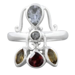 Four Stone Bypass Ring | 925 Sterling Silver | Peridot Iolite Amethyst Citrine | Modern Design