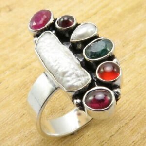 Biwa Pearl Multi Gemstone Statement Ring | 925 Sterling Silver | Ruby Emerald Garnet Carnelian
