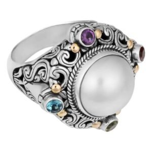 Handmade Pearl Multi Gemstone Ring | 925 Sterling Silver | Mabe Pearl Statement Ring