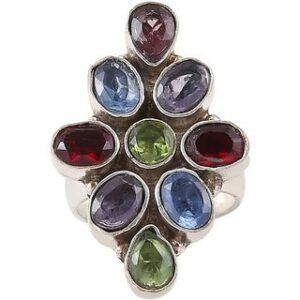 Navratna Nine Stone Ring | 925 Sterling Silver | Multi Gemstone Cluster | Handmade Jewelry